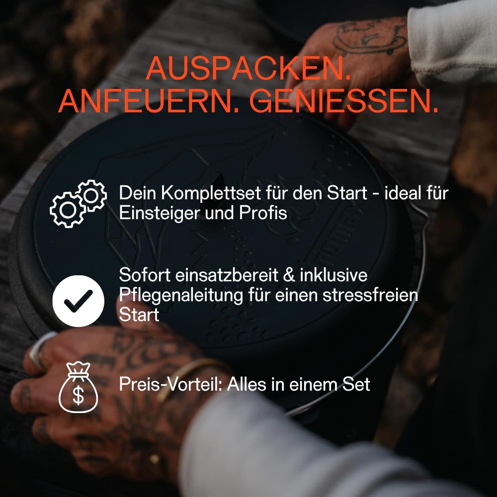 Petromax Dutch Oven ft9-t Komplettset – Feuertopf 7,5 L Gusseisen | Mit Deckelheber, Pflegepaste, Ringreiniger & Kirschholz-Löffel. Deckel als Pfanne. Für Grill, Ofen & Feuer, 8-14 Pers.