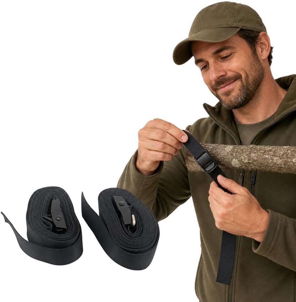 Trail Camera and Smartphone Tree Mounting Tie Down Strap Kit, 1" x 6.6 ft, Weather UV Resistant PET Fiber Better Than Nylon, Easy Release Metal Buckle, Black, 2 Pieces