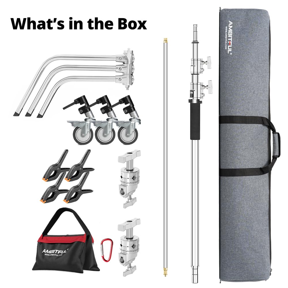 AMBITFUL Stainless Steel Heavy Duty C Stand, 150-320 cm, regolabile con ruote per riflettori, softbox, monolight, braccio resistente (AMBITFUL C-STAND KIT + BAG + WHEELS)