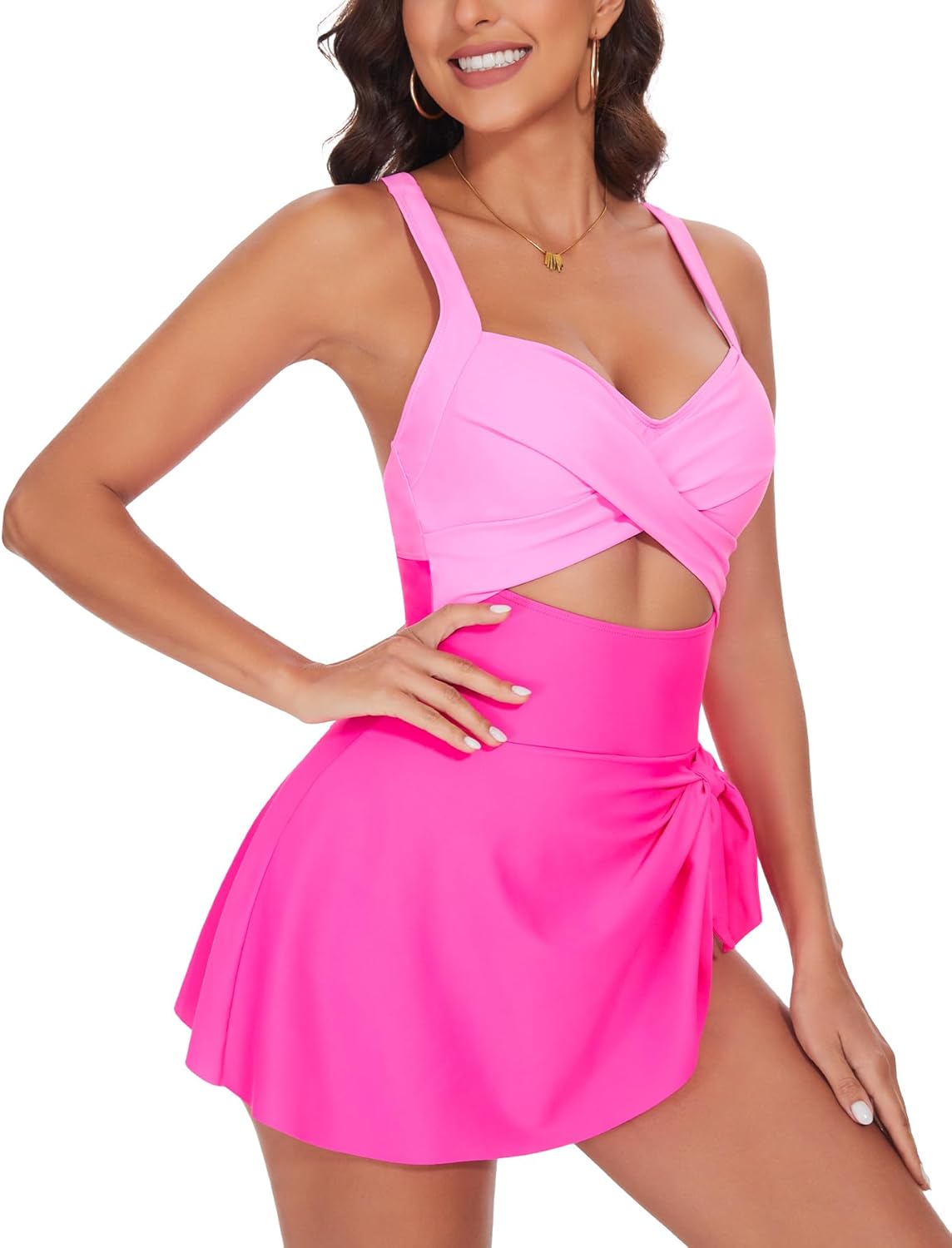 One Piece Swimsuit Women Tummy Control Swim Dress Sexy Criss Cross Tie Back Bathing Suit - Image 2