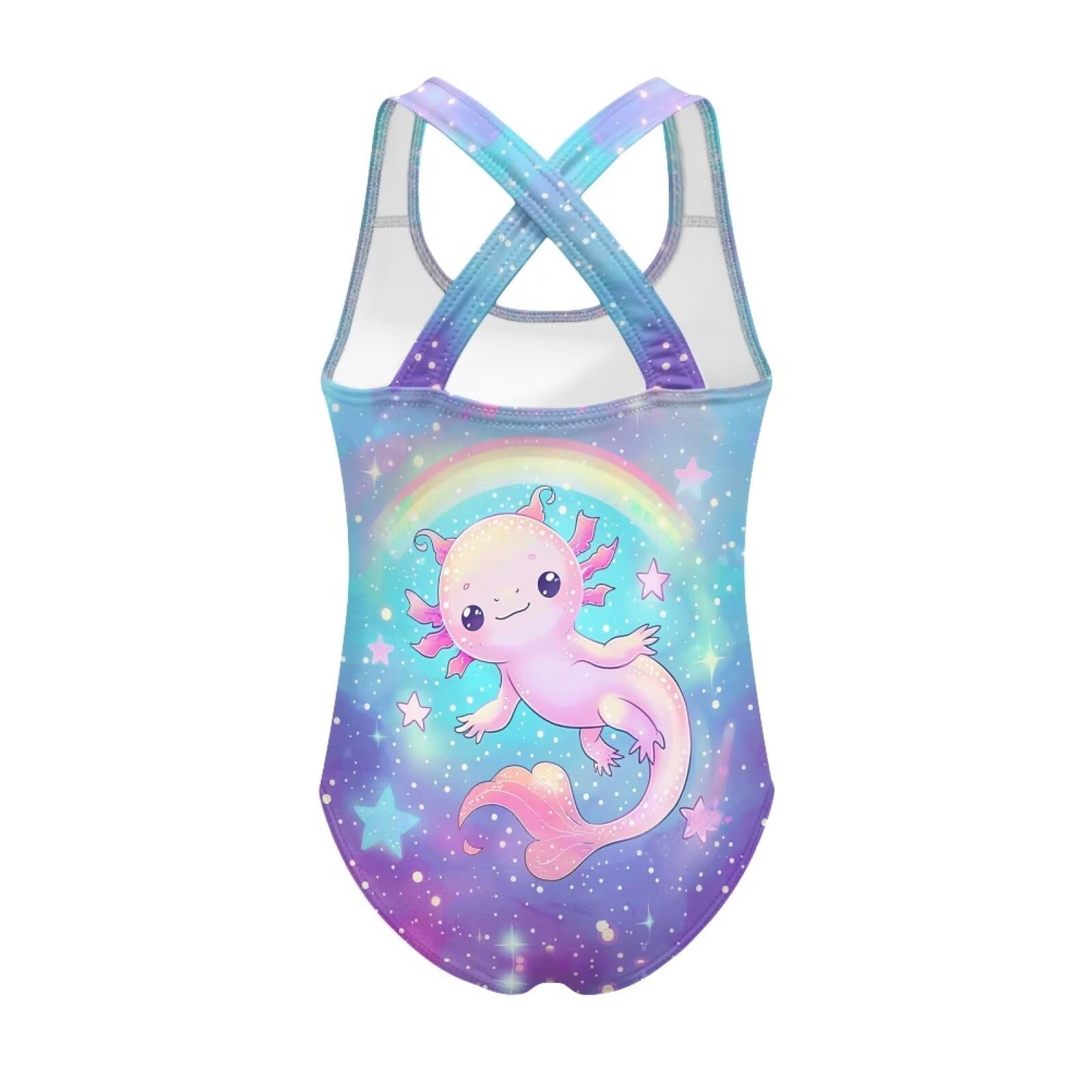 Tongluoye Rainbow Axolotl Swimsuit for Girls 9-10 Cute One Piece Swimsuits Round Neck Bathing Suit Cross Straps Athletic Swimwear for Travel Surf Beach Swimming Pool Summer Kids Outfits