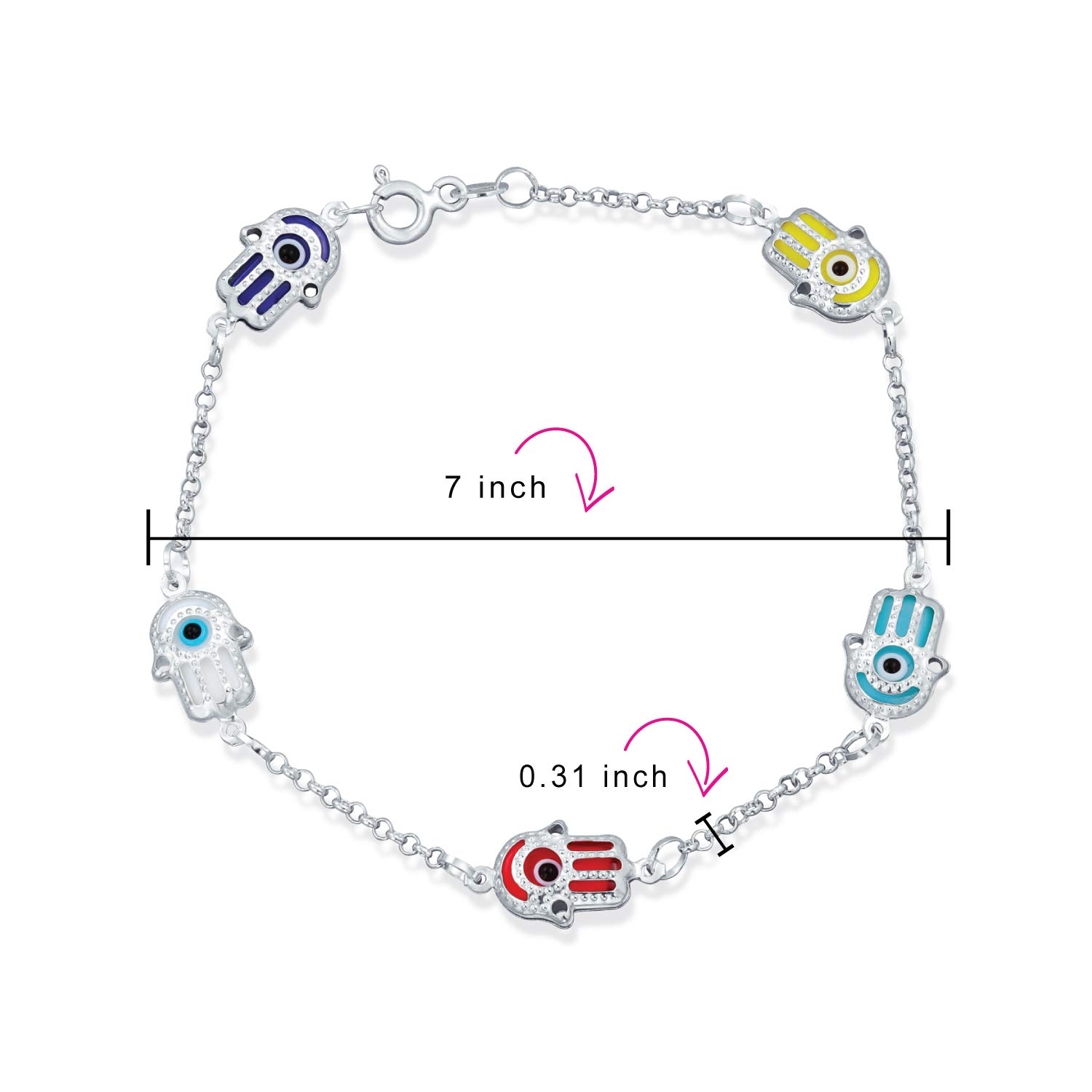 Bling Jewelry Delicato Amuleto Turco Talismano Protezione Buona Fortuna Multi Colore Giallo Rosso Blu Hamsa Fatima Mano E Malocchio Bracciale Charm Per Adolescente Per Donne .925 Argento