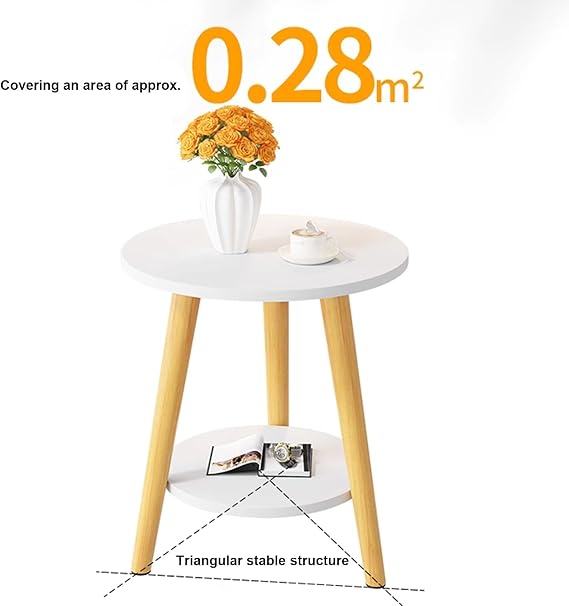 2 Tier Round Side Table, Solid Wood Side Table, Small Round Side Table with 2-Tier Storage, MDF Desktop, Durable Solid Wood Bracket, for Small Space ( Color : White-50cm/19.7in , Size : 60cm/23.6in )