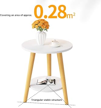 2 Tier Round Side Table, Solid Wood Side Table, Small Round Side Table with 2-Tier Storage, MDF Desktop, Durable Solid Wood Bracket, for Small Space ( Color : White-50cm/19.7in , Size : 60cm/23.6in )