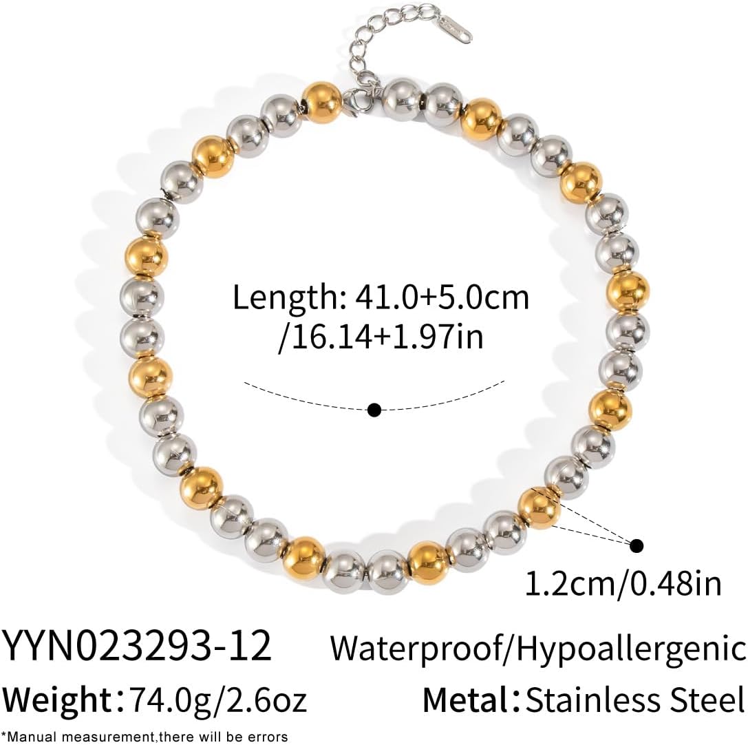 Kokoam Two-Tone Beaded Choker Necklace for Women Stainless Steel Chain Silver and Gold Ball Collarbone Necklace Fashion Jewelry - Image 6