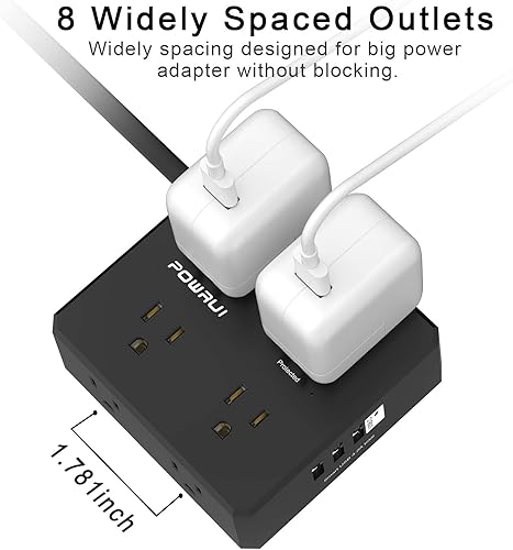 Miniatura 5 de Regleta protectora de sobretensiones  Cable de extensión de enchufe plano de 20 pies con 8 tomas amplias y 4 puertos USB (1 USB C), extensor de 3