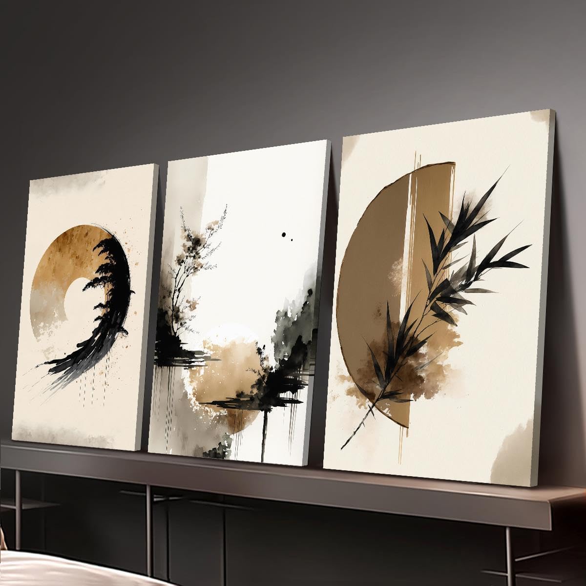 Toiles abstraites noir et beige 50x70 cm | Trio de tableaux modernes pour mur de salon
