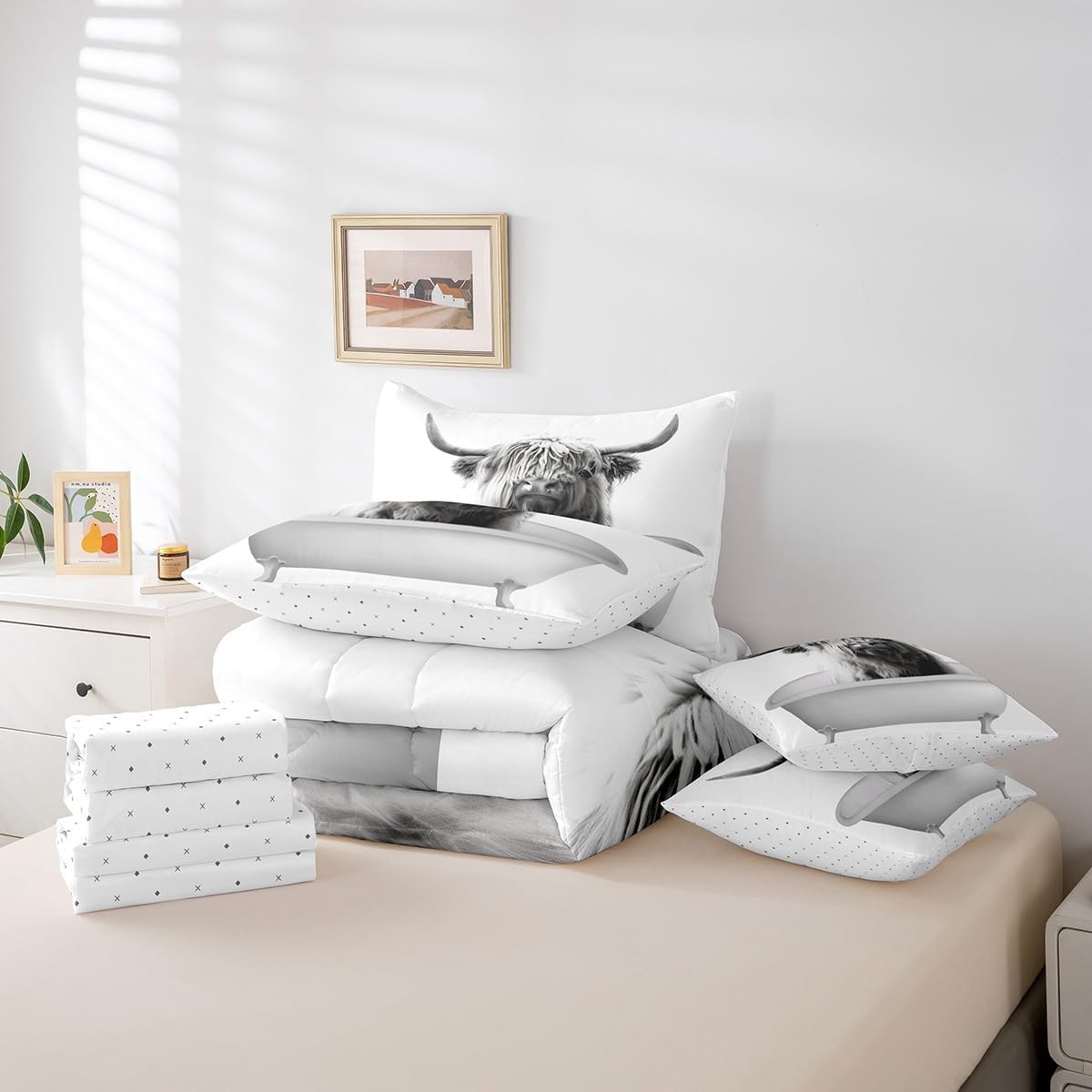 Erosebridal Highland Cow Bedding Set Queen, Rustic Farmhouse 7 Pieces Bed in A Bag - 1 Country Animals Comforter, 1 Bull Cattle Fitted Sheet,1 Flat Sheet, 2 Pillow Cases, 2 Throw Pillow Covers