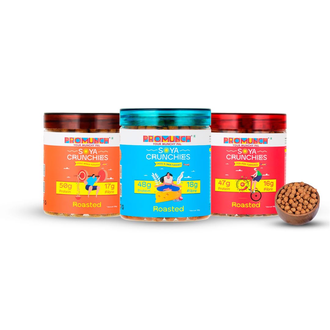 PROMUNCH Roasted Soya Crunchies High Protein Snack Gluten Free Plant Based Snack for Fitness Munching Office Travel Pack of 3, Flavour: Cheese & Onion, Peri-peri and Noodle Masala - 150g Each