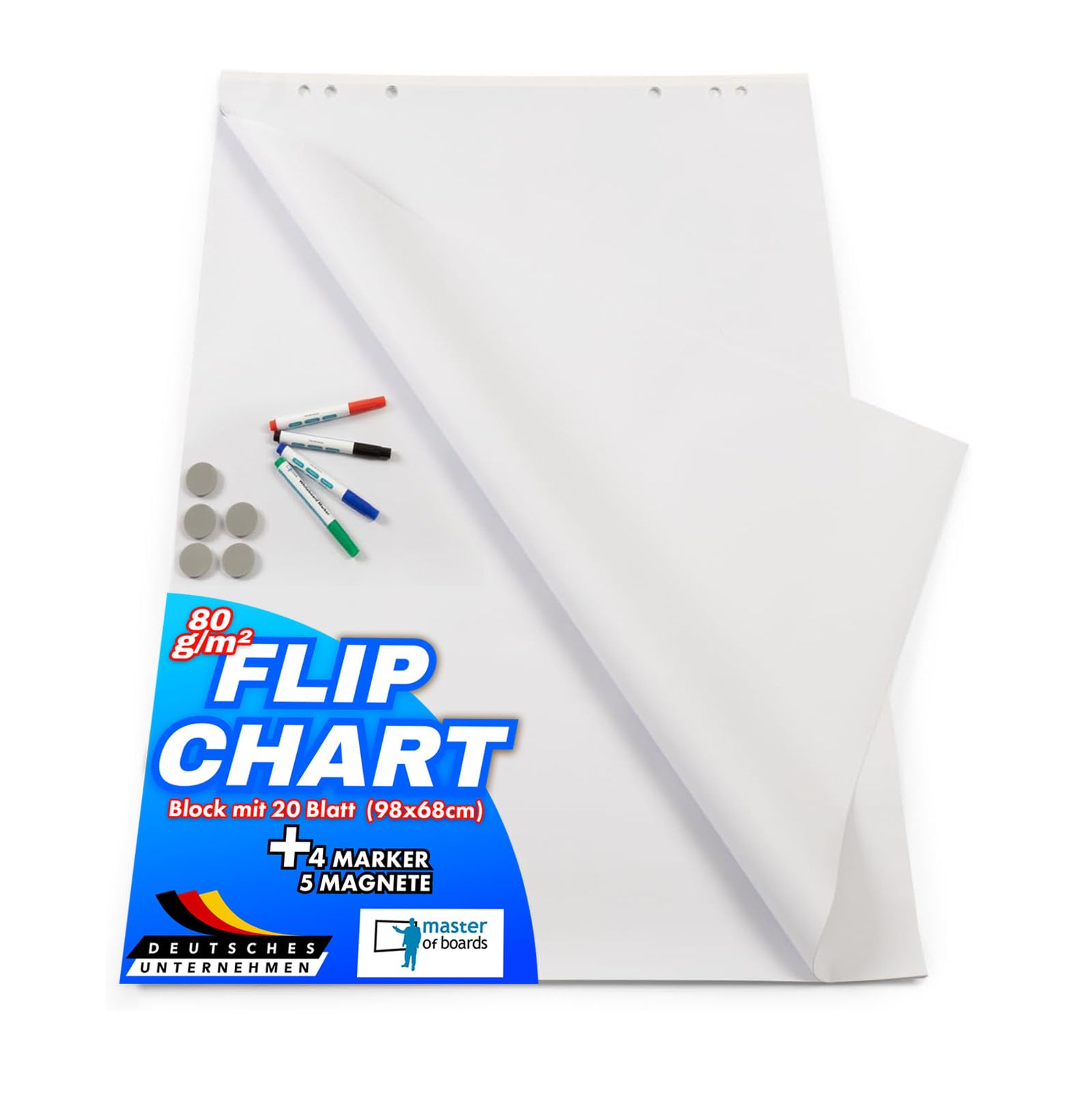 Master of Boards Set di accessori di carta a flipchart – Blocco di carta bianco con 20 fogli, 4 pennarelli, 5 magneti – Dotazione di base per lavagna a fogli mobili per ufficio, scuola o casa