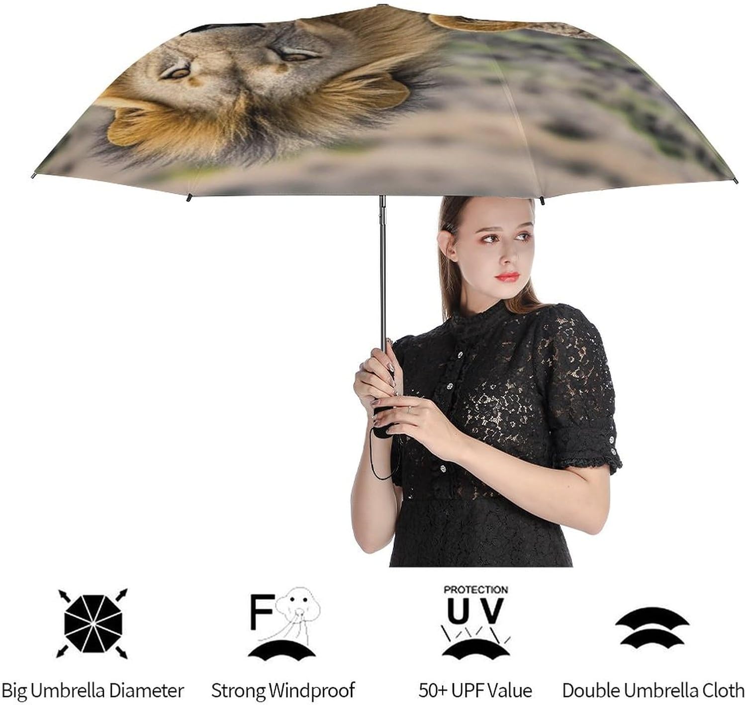 African Lion And Lioness Golf Umbrellas-2 Fold Automatic,Windproof Umbrella with Portable,Strong,Folding Umbrella for Women Men