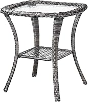 Vista 9 de Mesa de patio al aire libre Mesas auxiliares – Mesa de centro de mimbre con 2 estantes de almacenamiento de ratán mesa auxiliar cuadrada para patio