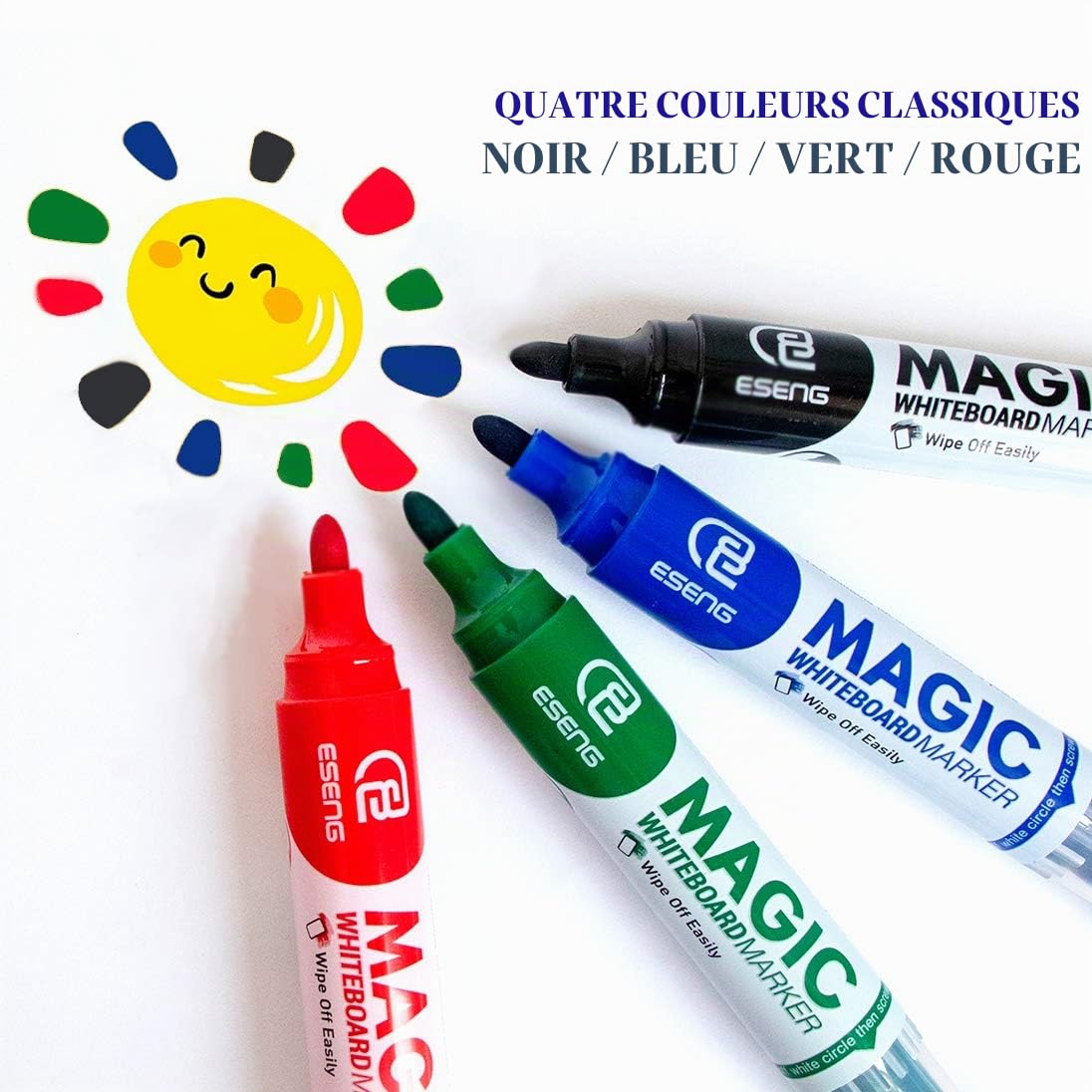 ESENG® Lot de 28 marqueur pour tableau blanc, paquet comprenant les Magic WM-218 marqueurs (1X4 couleurs) et les WM-218T cartouches d'encre (1X6 noir+1X6 bleu+1X6 rouge+1X6 vert)