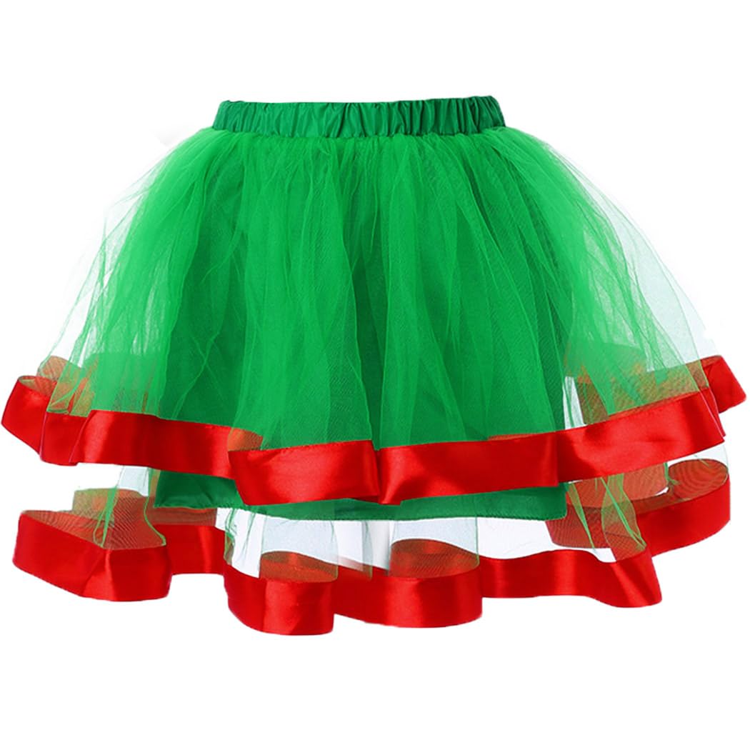 TWINKLEDE Christmas Women Tutu Skirts Elastic Layered Tulle Skirt Ribbon Tutus Skirt Xmas Party Costume Tutu for Women and Girls (Green & Red-2 Layers)