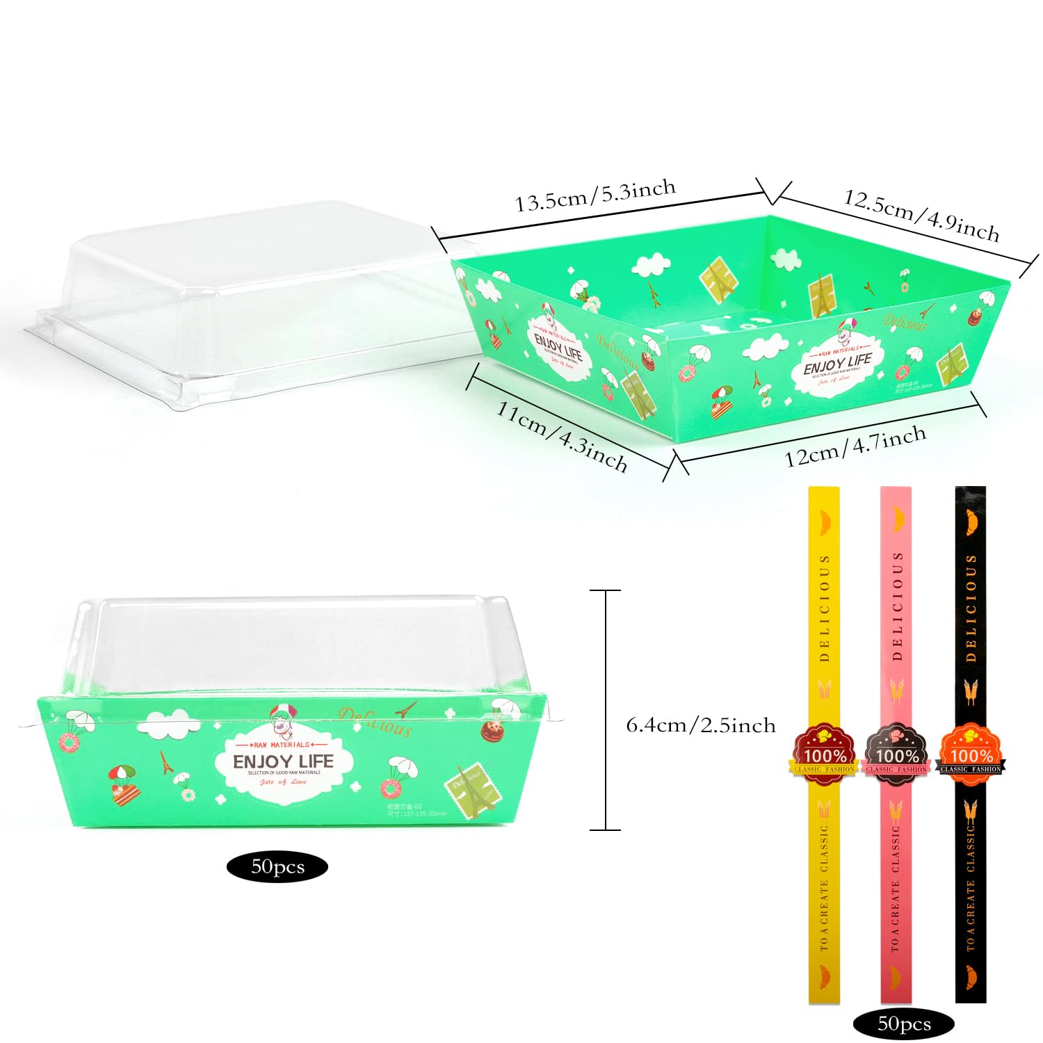 Mini Cake Box, 50 Pcs 4.5 Inch Clear Plastic Cupcake Container for Muffins, Cookies, Mooncakes - Small Single Dessert Holder for Wedding, Birthday (Green) - Bonus 50 Pcs Stickers