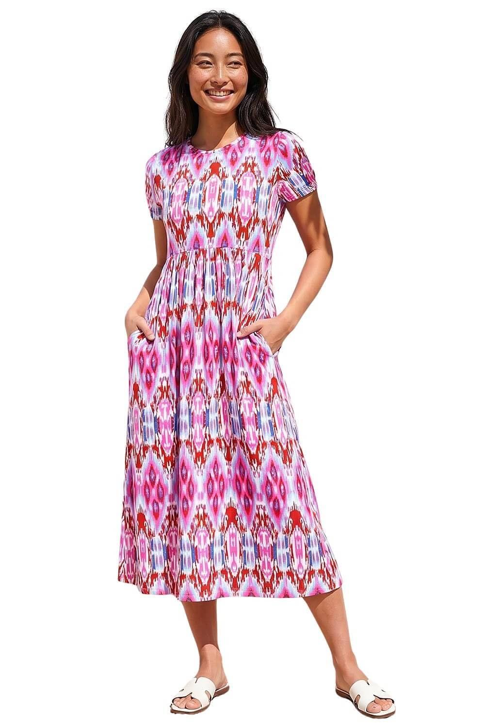 Roman Midi Dress with Pockets for Women UK Ladies Stretchy Jersey Maxi Long Short Sleeve Elasticated Gathered High Waist Boho Flattering Skater Swing Fit Flare - Petite Pink - Size 14