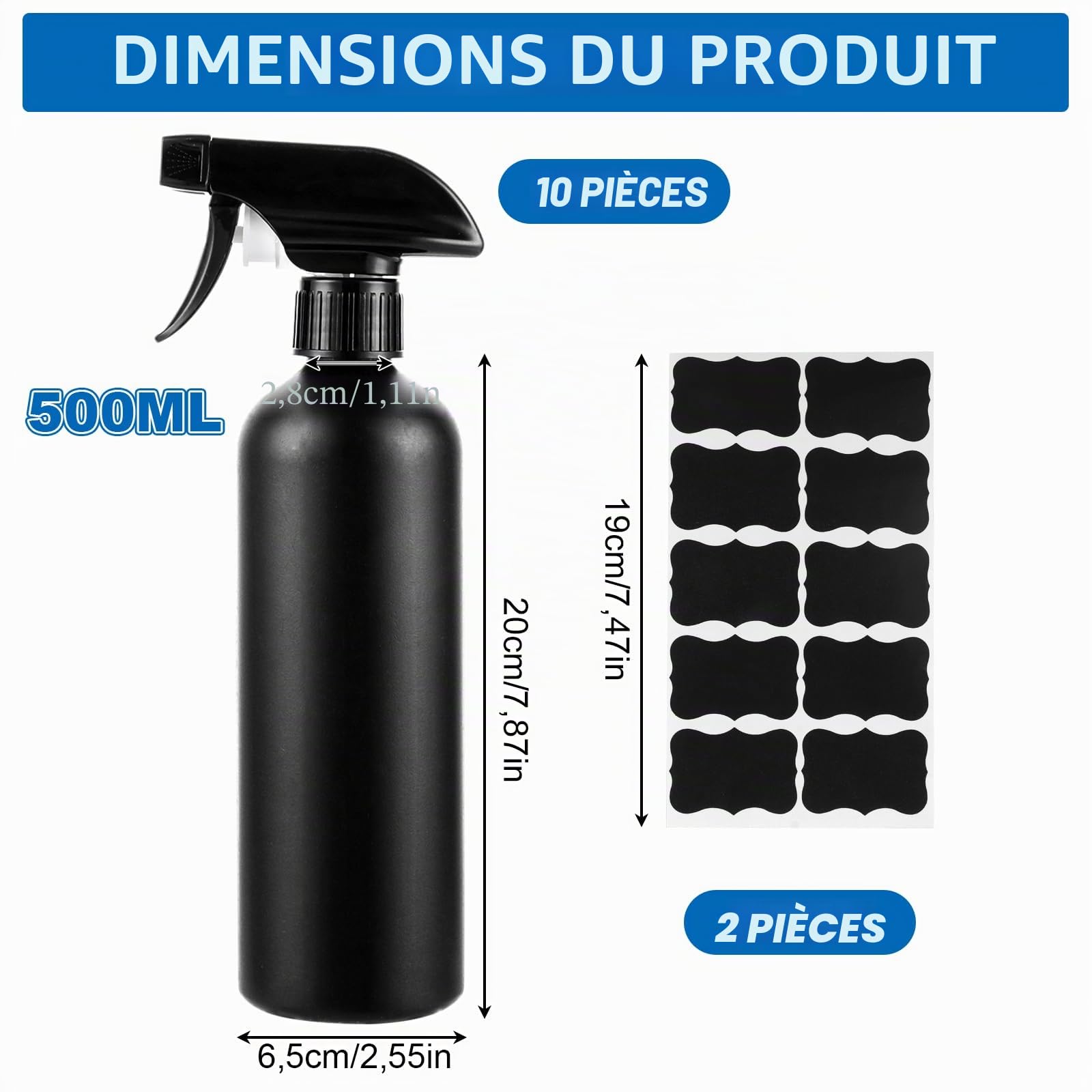 10 x Flacon Spray Vide 500ml, Pulvérisateur à Main Noir, Bouteille Vide Spray Réutilisable pour Jardinage, Ménage, Plantes et Cheveux, Conception Ergonomique