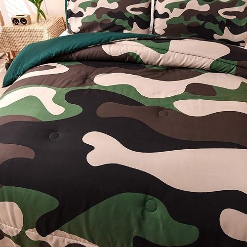 Vista 103 de Meeting Story Juego de ropa de cama de camuflaje, juego de edredón estilo patrón colorido, 5 piezas, un edredón, dos fundas de almohada, dos sábanas