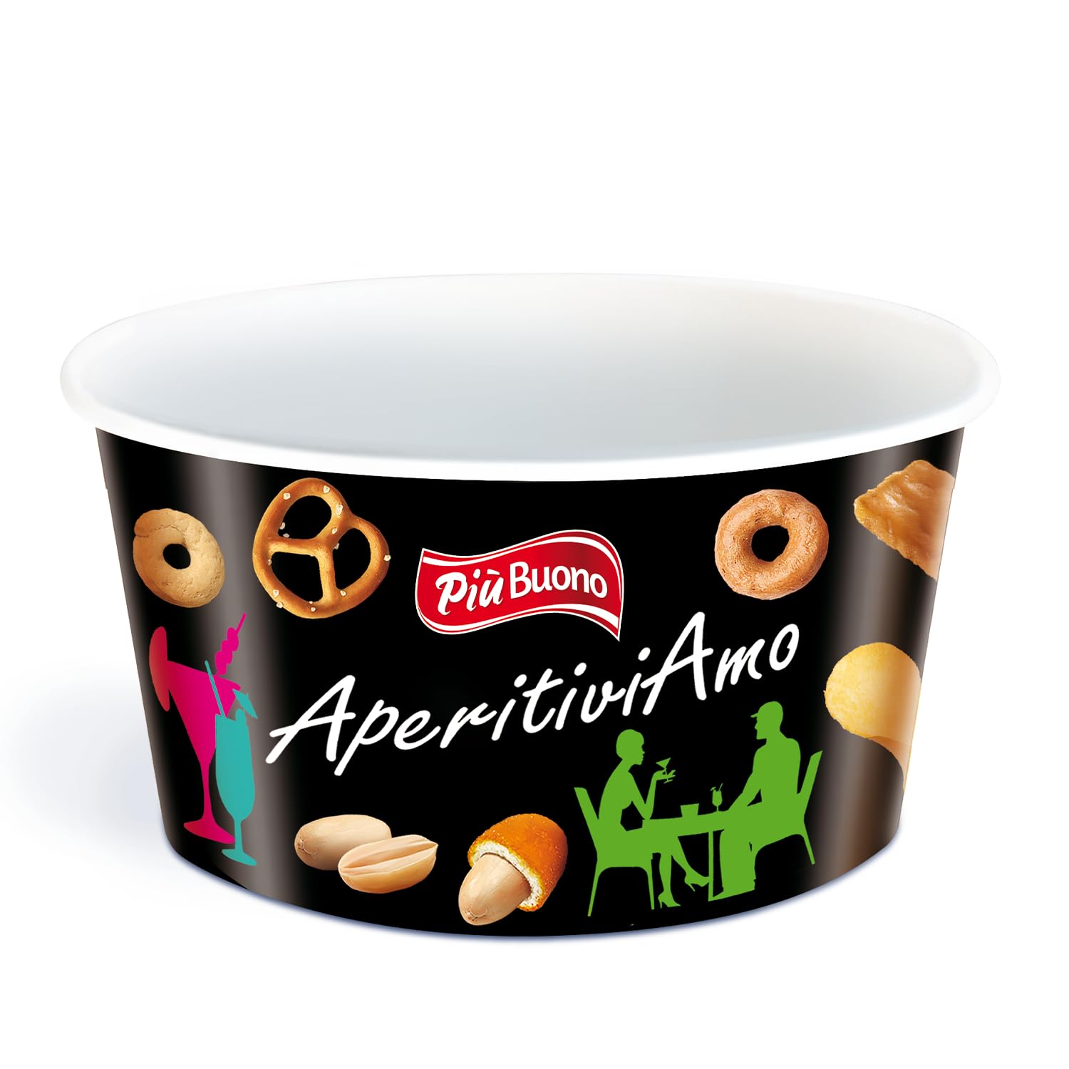 Più Buono Box aperitivo salato 30 PEZZI Tutto rigorosamente MONOPORZIONATO ciotola e bicchiere in vetro in omaggio patatnine snack salato stuzzichini