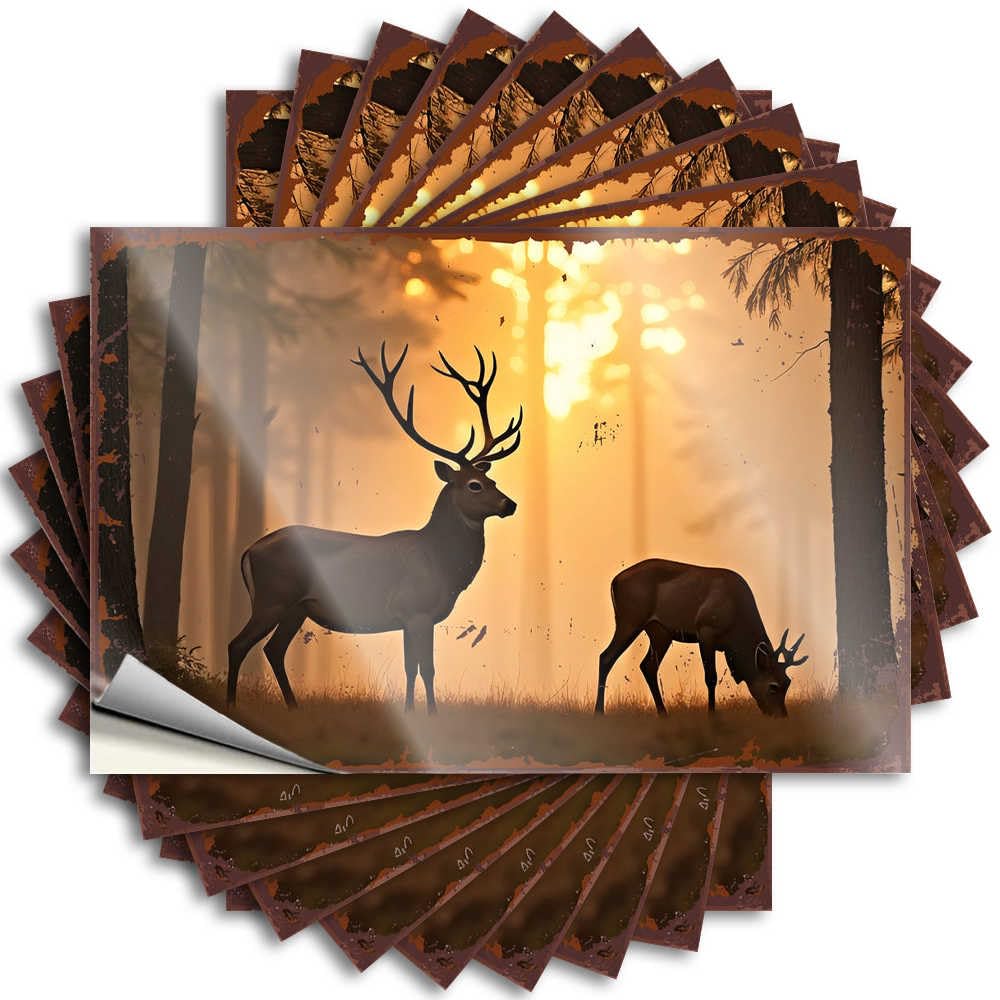 Fzfn Colour Decal Emo Room Decor Peel And Stick - Golden Sunset In The Forest: Deer Silhouettes Cover High Waterproof Vinyl For Drinking(6X9cm)