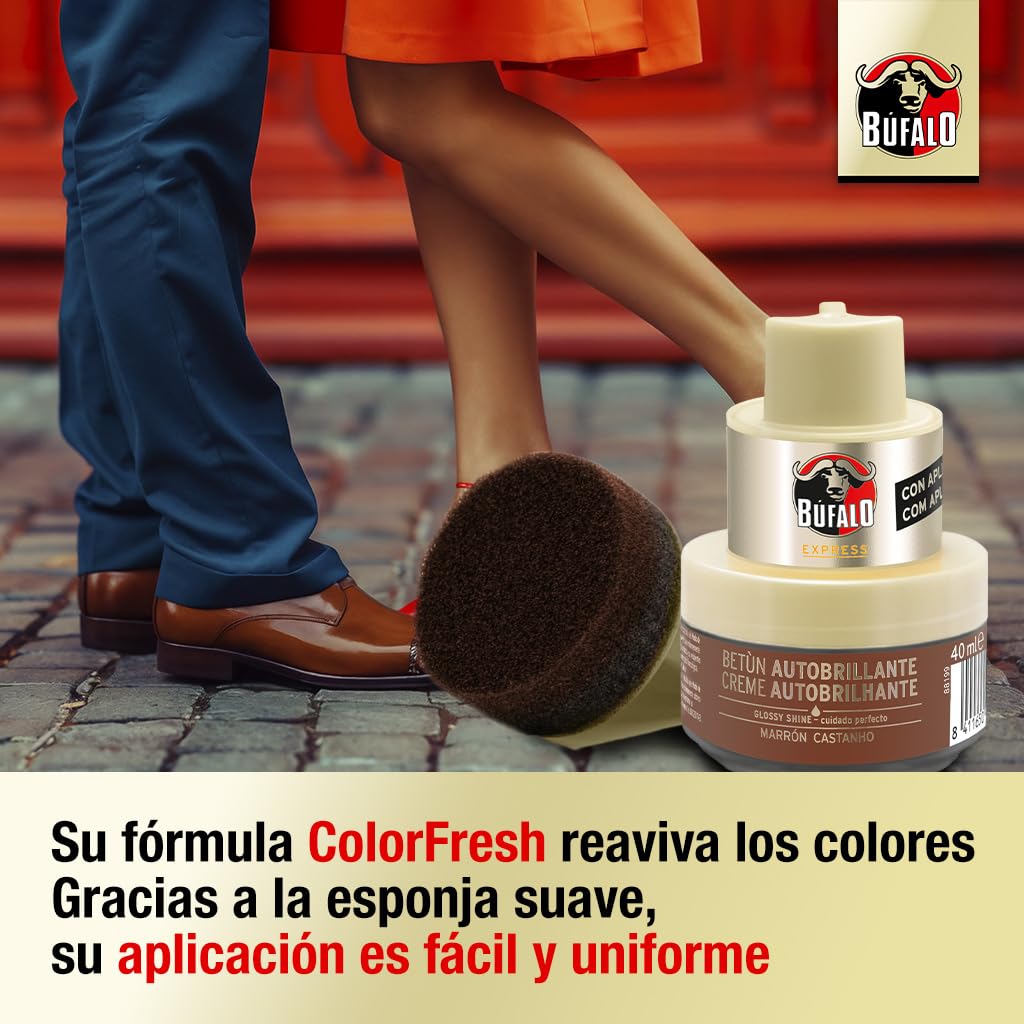 Búfalo Express - Betún en Crema Autobrillante Color Marrón, Cuidado del Calzado y Color, Brillo Satinado Superior, Esponja Integrada - Tarro de 40ml