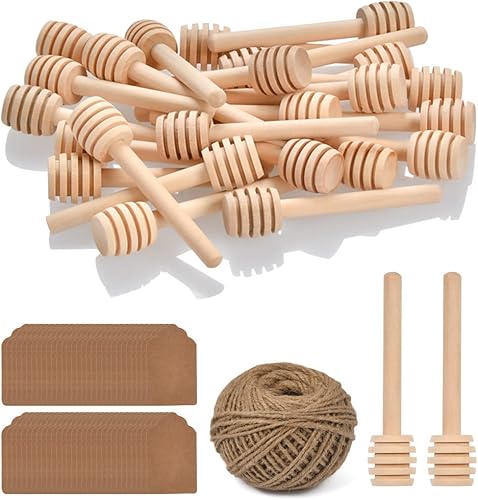 FOCCTS 100 palitos de miel de 3 pulgadas, agitadores de miel de madera de 3 pulgadas, cuchara de miel con cordel de yute natural, etiquetas de papel