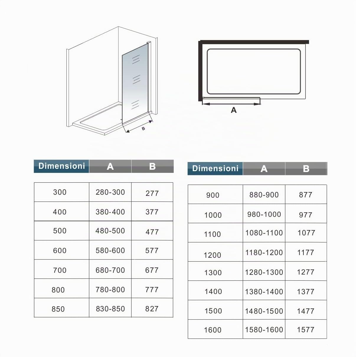 Doccia Walk In 100x200cm Vetro 10mm Barra 90cm Tagliabile | Cromo Lucido, Parete Doccia Anticalcare, Trasparente Vetro Temperato, Parete Fissa