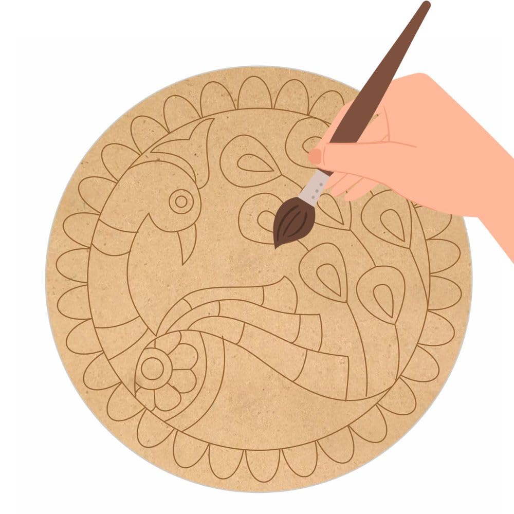 Designer Bandhu Peacock MDF Board Round 9.5 Inch for Clay Art and Craft Pre Marked Peacock with Feather MDF Round Circle Pine Wood 2 mm Thick Wood Base for Resin Art, Mandala Art,Pyrography, Painting Lippan Art, Coloring-image-10