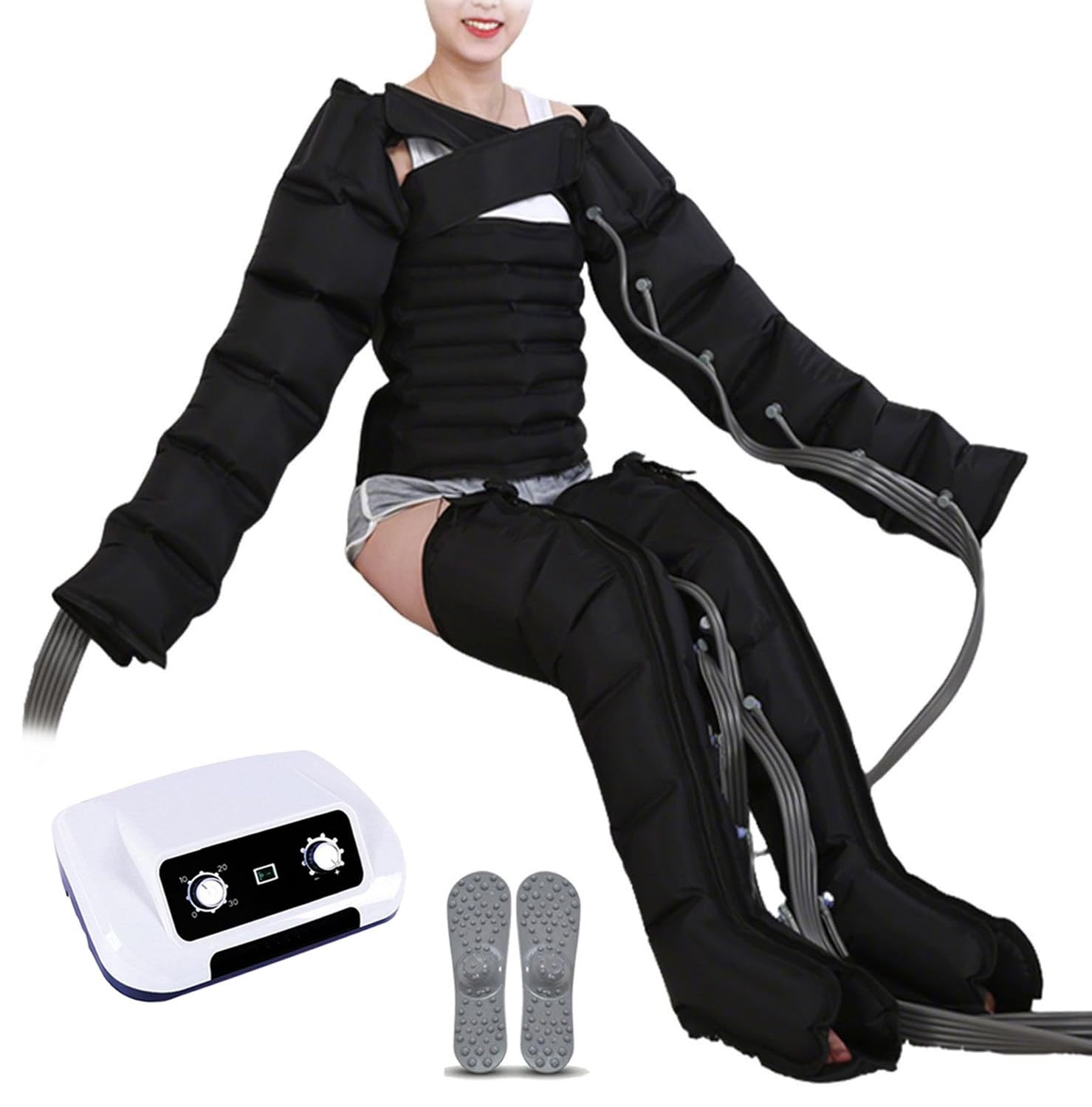 Presoterapia y masajeador de drenaje linfático, botas eléctricas de terapia de compresión de aire para piernas, brazos y estómago, diseño de 6 cámaras