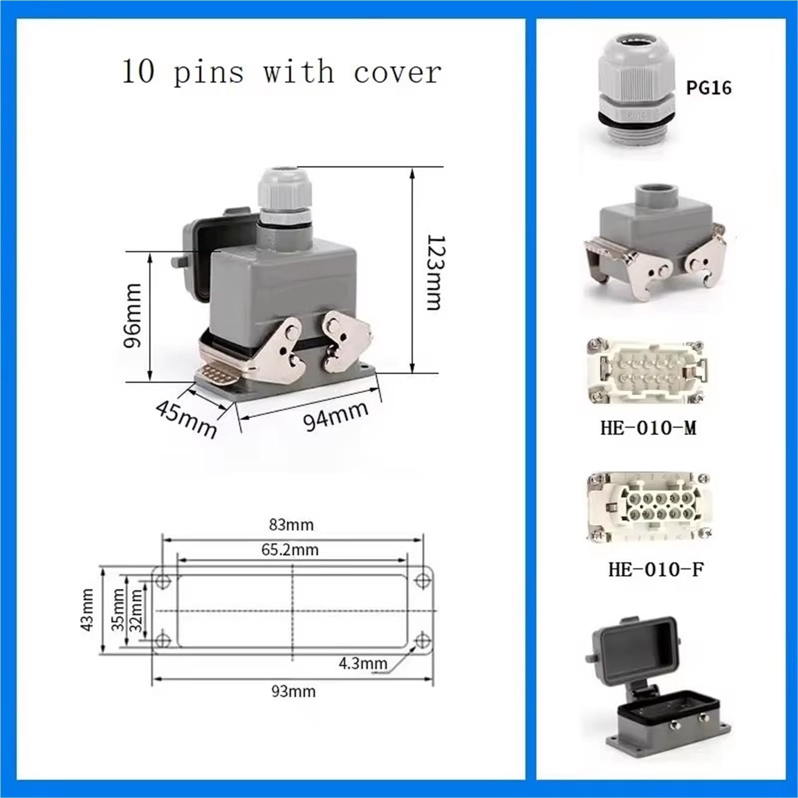 1 Uds HDC-HE-010 Conector Rectangular de Alta Resistencia 10 Pines/Enchufe Impermeable Industrial Central con Conectores de Cubierta 16A0(4)