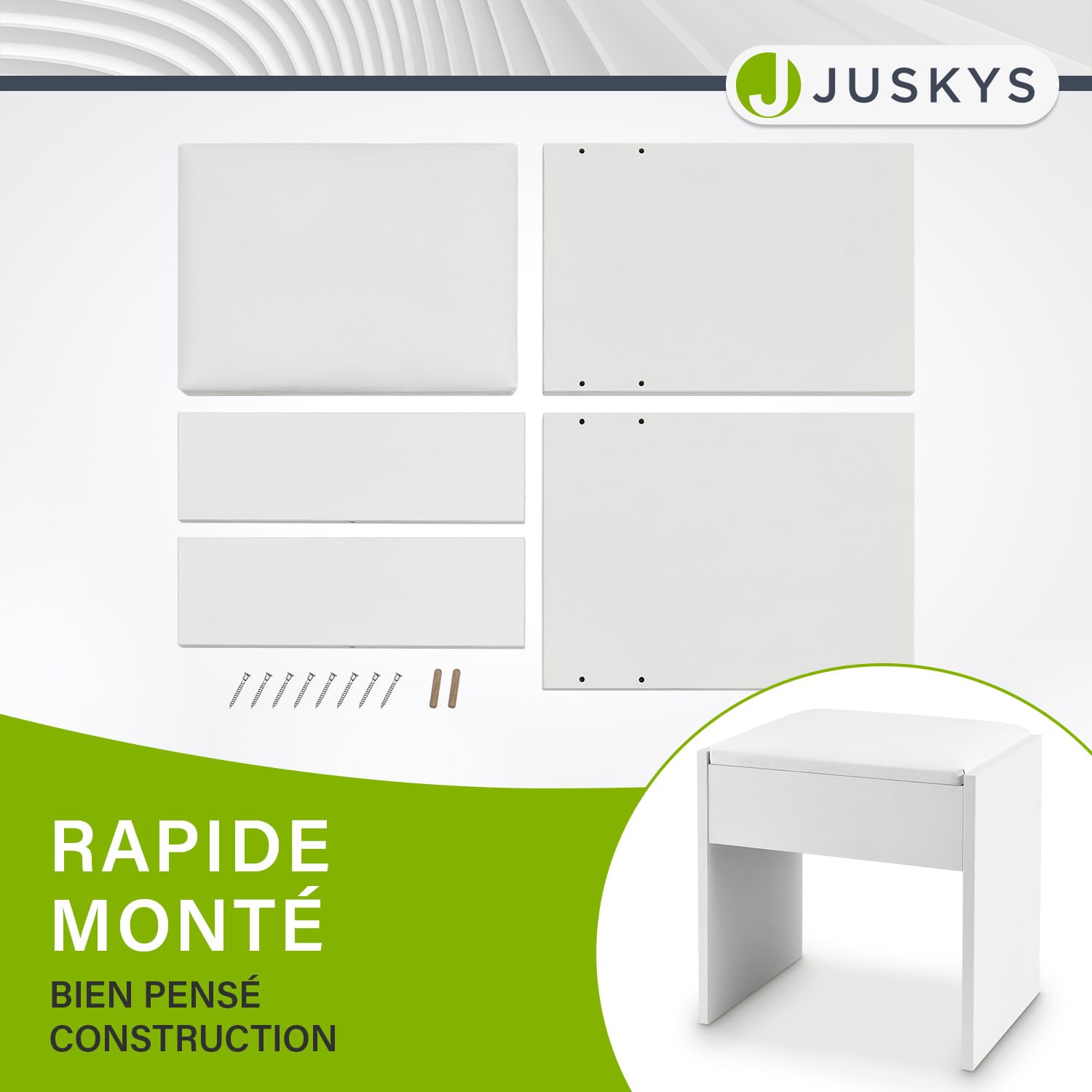 Juskys Tabouret de Coiffeuse Melly avec Coussin rembourré et Housse en Similicuir, Pouf de Maquillage en Bois, Siège Modern pour Chambre à Coucher, 40 x 30 x 43 cm