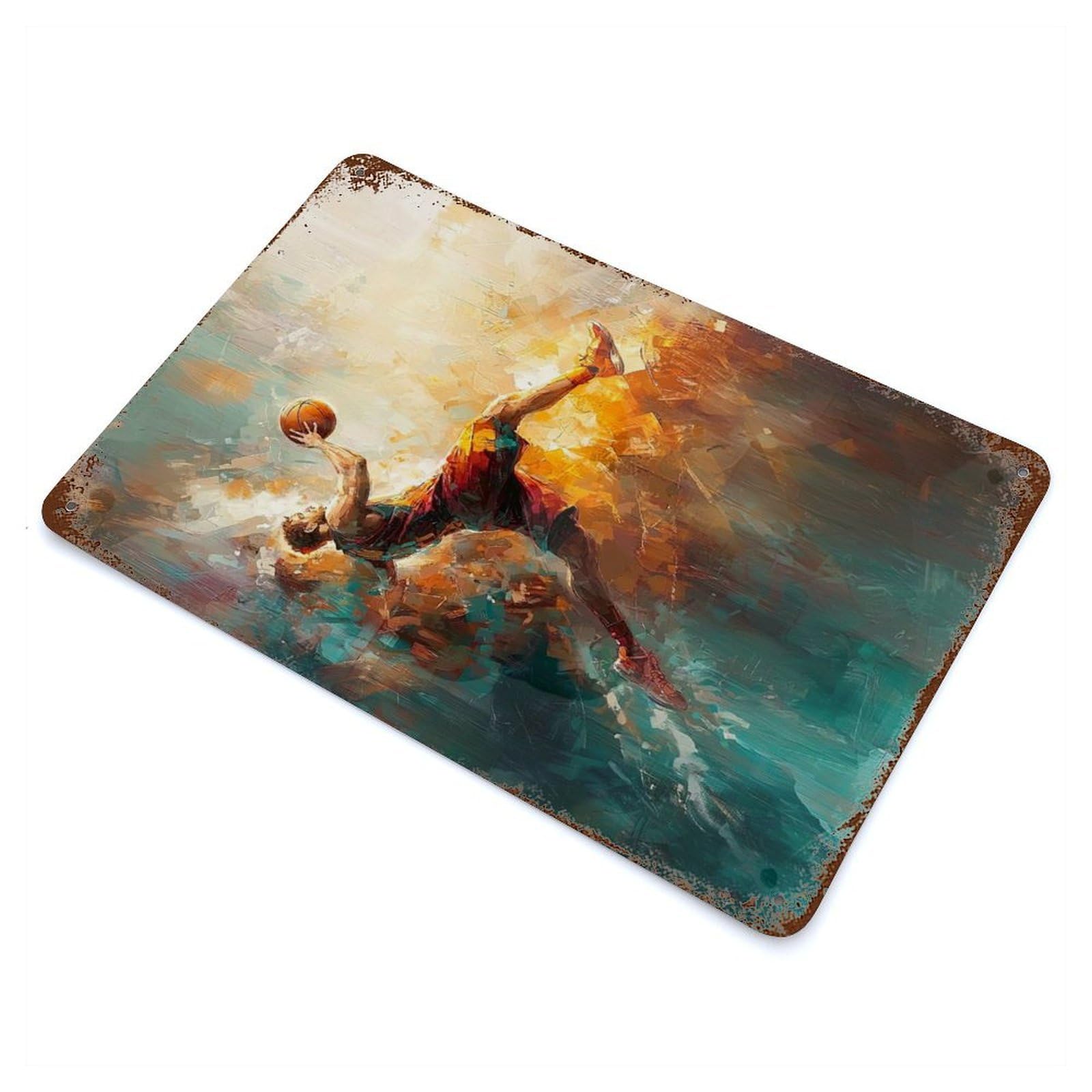 Basketball Player in Flight Abstract Art Rusty Metal Tin Sign 11.8"x7.9", for Patio, Garden Room And Bar Decor, Old School Wall Decor