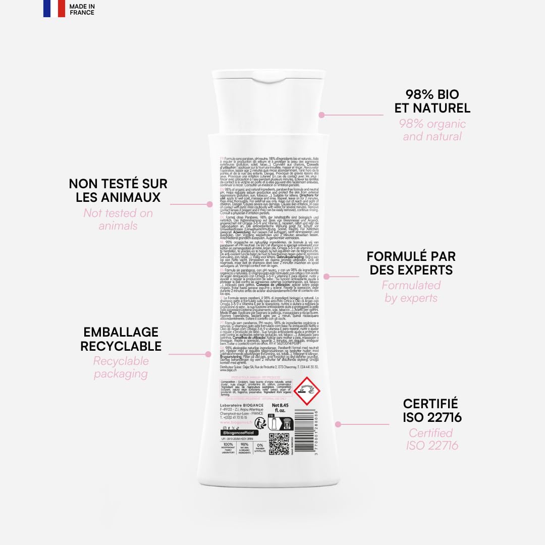 Biogance - Shampooing pour chat - My cat - 250 ml - A base d’ortie et d’huile d’argan - Convient à toutes races de chats