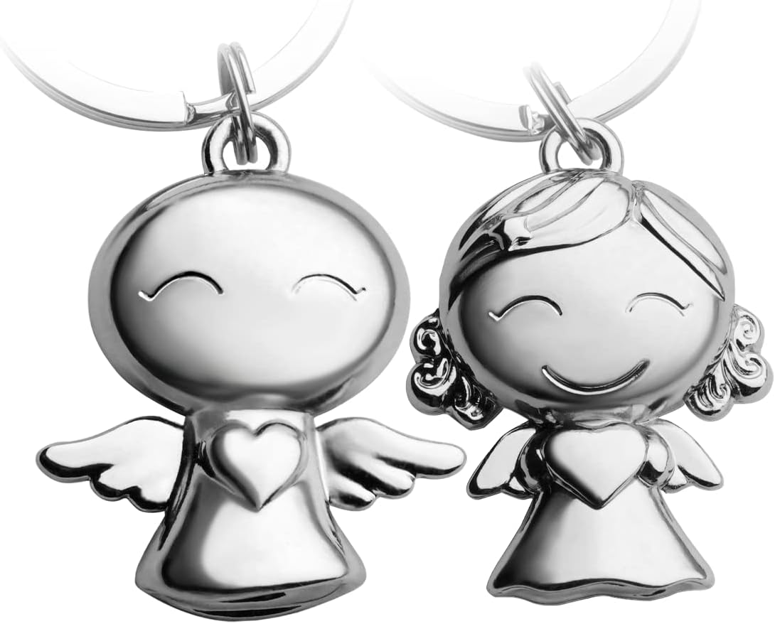 Foonii Guardian Angel Keyring Smile with Heart, Cute Angel Pendant Made of Metal in Shiny Silver with Velvet Bag, Gift Lucky Charm Car Driving Licence, Drive Carefully, Paar Stil 2stk, no