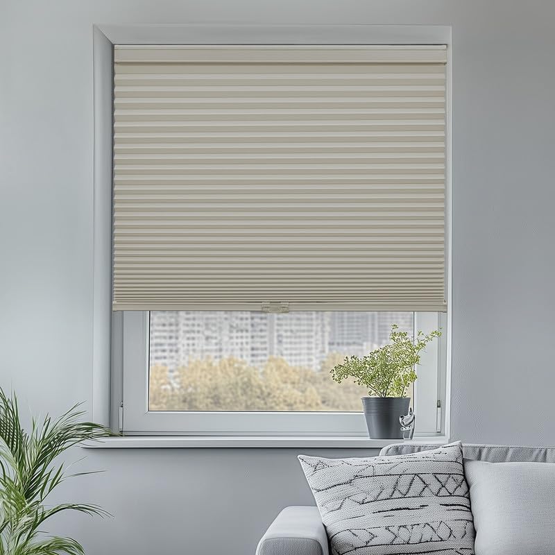 Keego Cellular Shades Cordless Honeycomb Shades for Windows Pull Down Cellular Blinds 9/16" Single Cell Thermal Insulated Blinds Made in USA (Beige,Light Filtering,Custom Size)