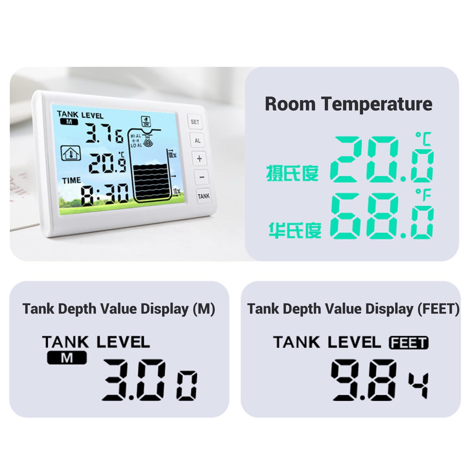 Jeffergarden Sensor de Nivel de Agua Ultrasónico con Pantalla Digital Medidor de Profundidad de Líquido Inalámbrico para el de Monitoreo y Alarma del Depósito de Agua Doméstica
