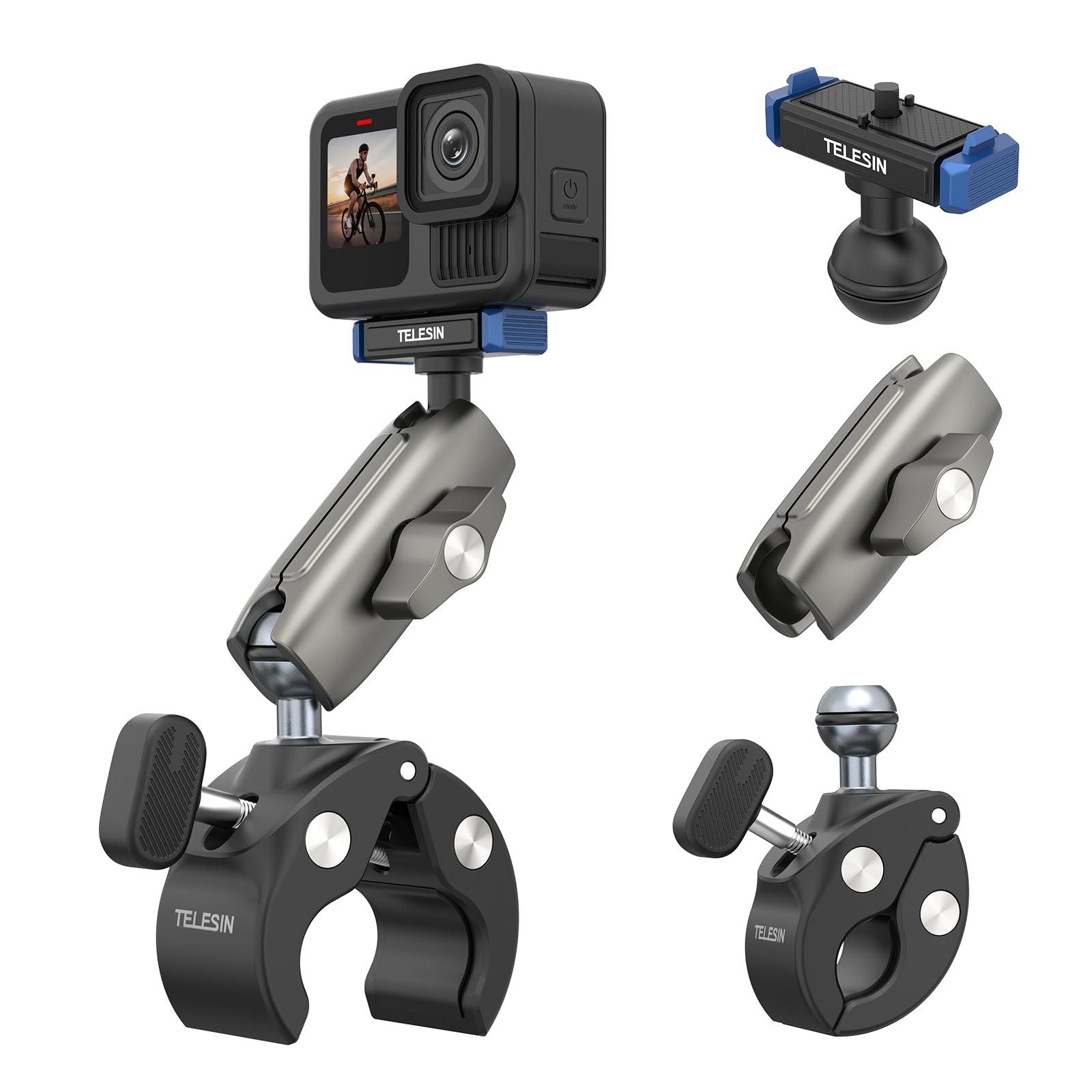 TELESIN Super Clamp per Moto/Bici per GoPro Hero 13, 9-38mm | Manubrio, morsetto potente e testa sferica 360°, per manubri da 9 a 38 mm