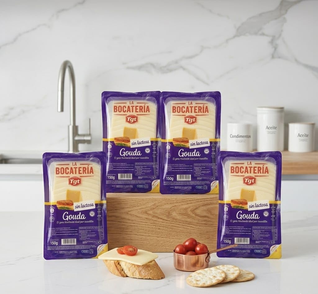 Queso Gouda Sin Lactosa Loncheado - Pack Ahorro 4 Unidades x 150g - Queso Suave para Sándwiches y Bocadillos - La Bocatería TGT - Alto en Proteína - NEXU
