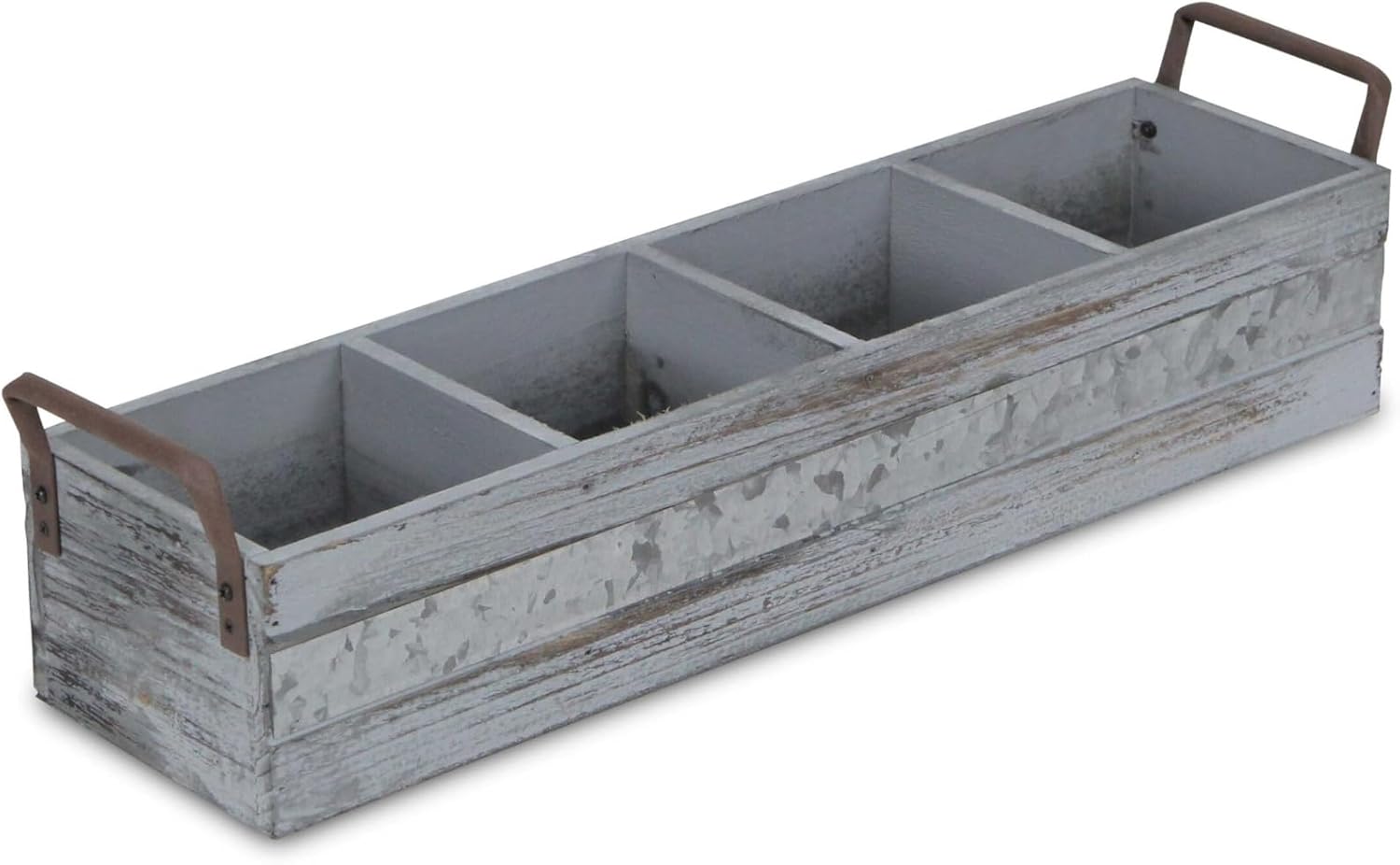 4 Slot Wooden Crate with Side Metal Handles and Metal Panel on Side