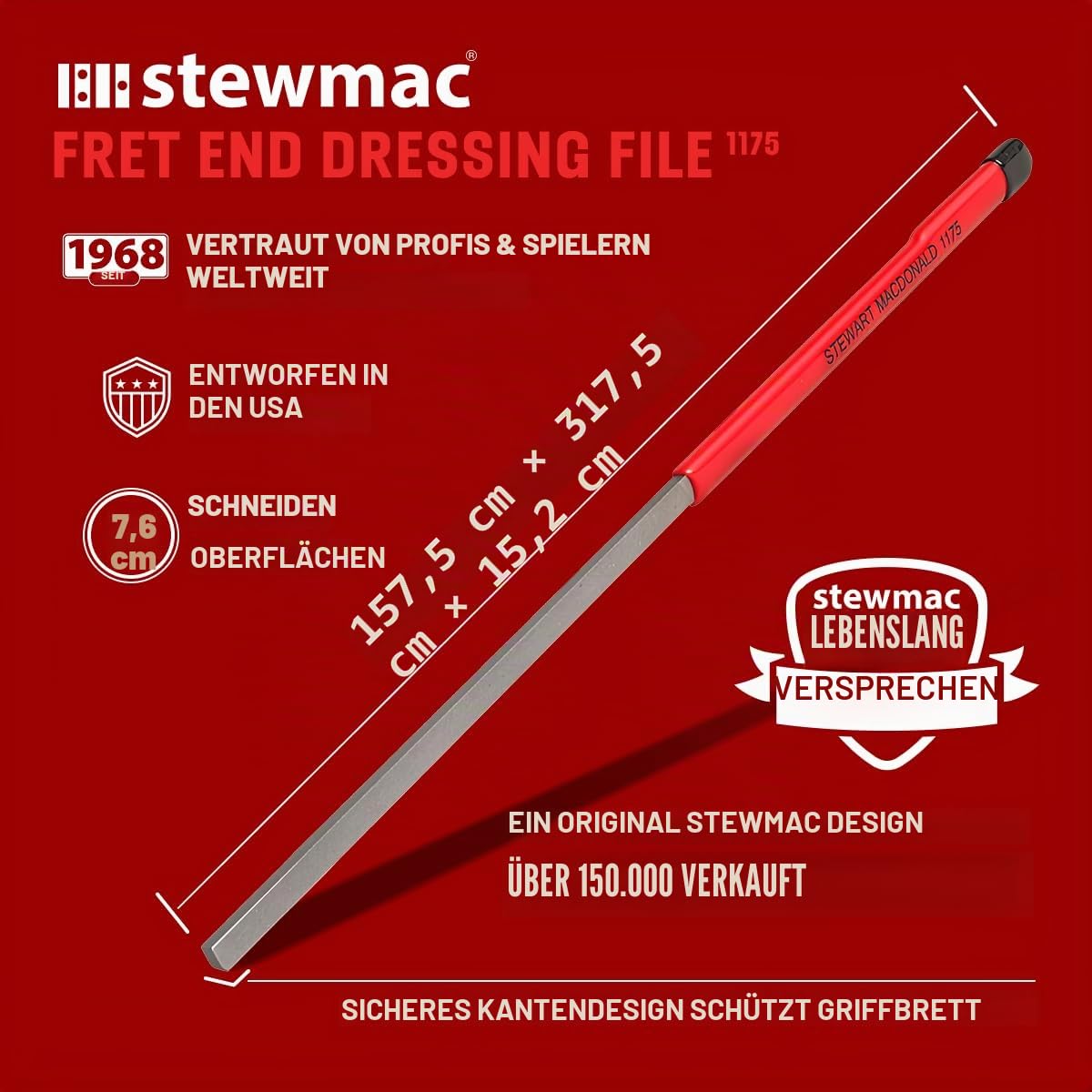 StewMac – Professionelle Bundkantenfeile für Gitarre & Gitarrenbau, Werkzeug für Präzises & Sicheres Finish der Bundenden, Ergonomischer Griff, Luthier Tools