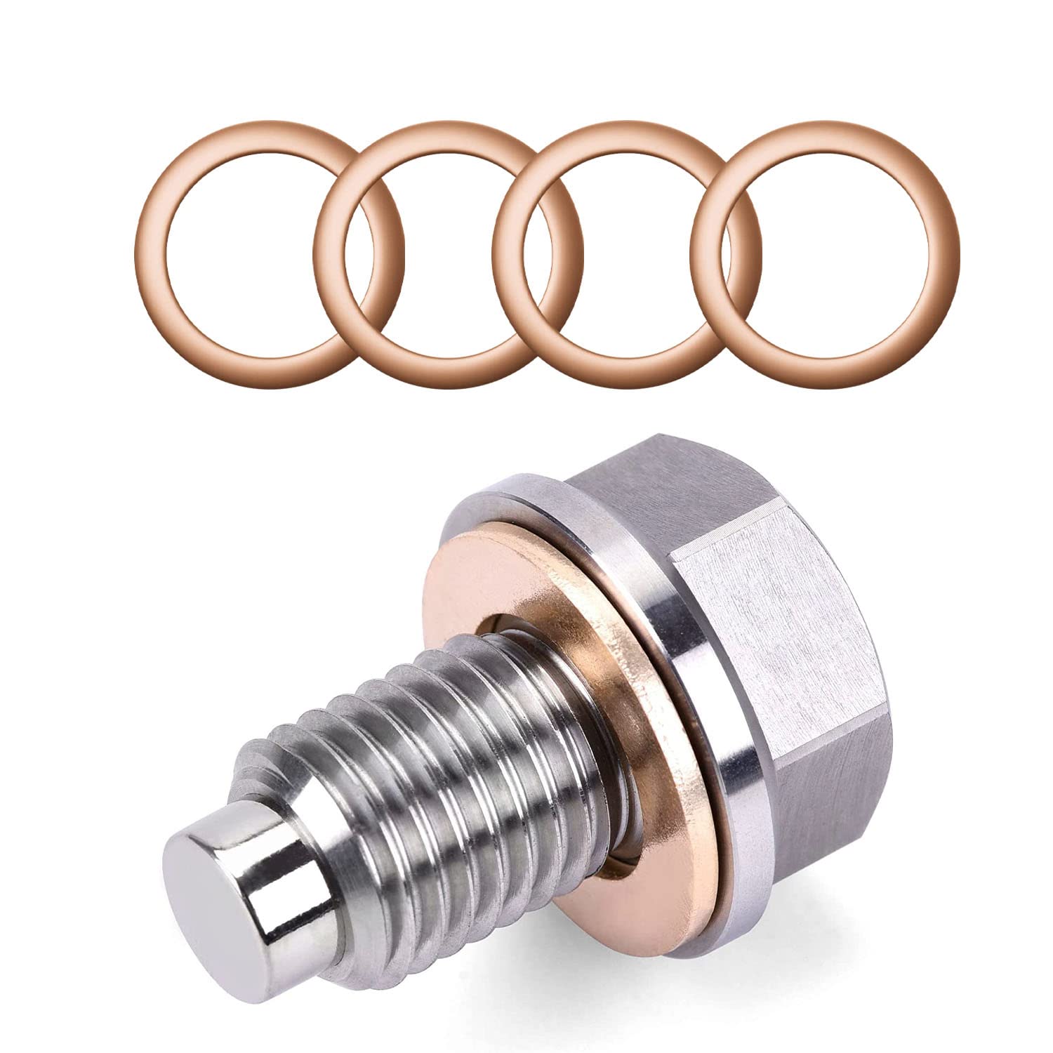 Miytsya Stainless Steel Sump Drain Nut Bolt, 1 PC M12x1.75 Magnetic Oil Drain Plug with 5 PCS Gaskets, Universal for Most Cars Ford Motorcycle Boat Leak-Proof Replacement (Silver)