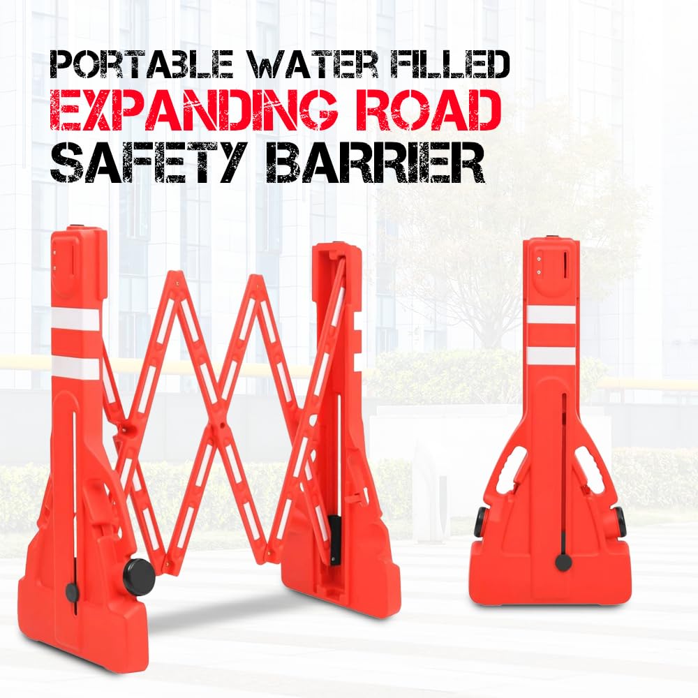 Lot de 2 barricades extensibles – Rouge | Barrière pliable en plastique de 2,3 m | Barrière de sécurité routière réfléchissante pour plus de sécurité | Barrière mobile portable avec base à remplir