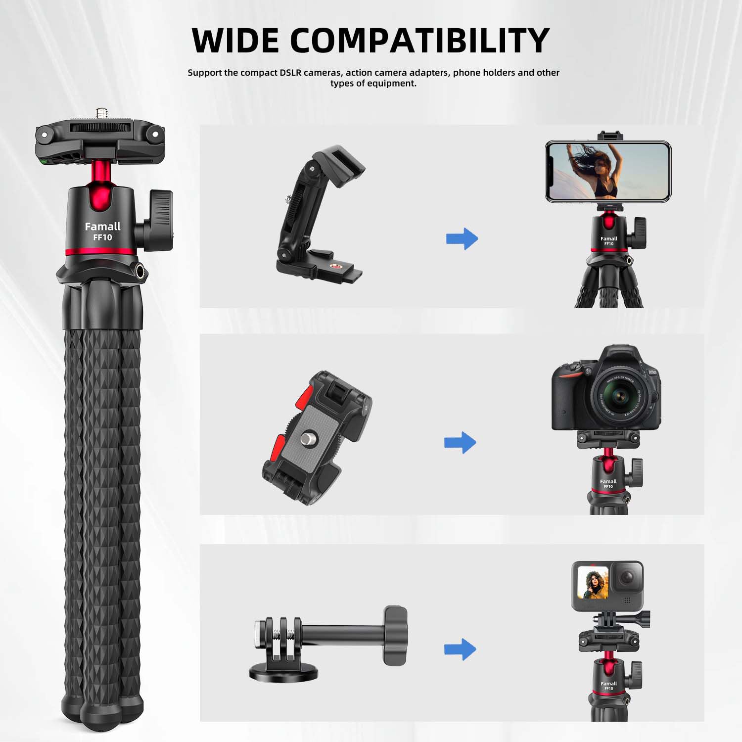 Trípode de cámara flexible para teléfono, soporte oculto para teléfono con soporte de zapata fría, tornillo de 1/4 pulgadas para brazo mágico, soporte de trípode para GoPro para iPhone,