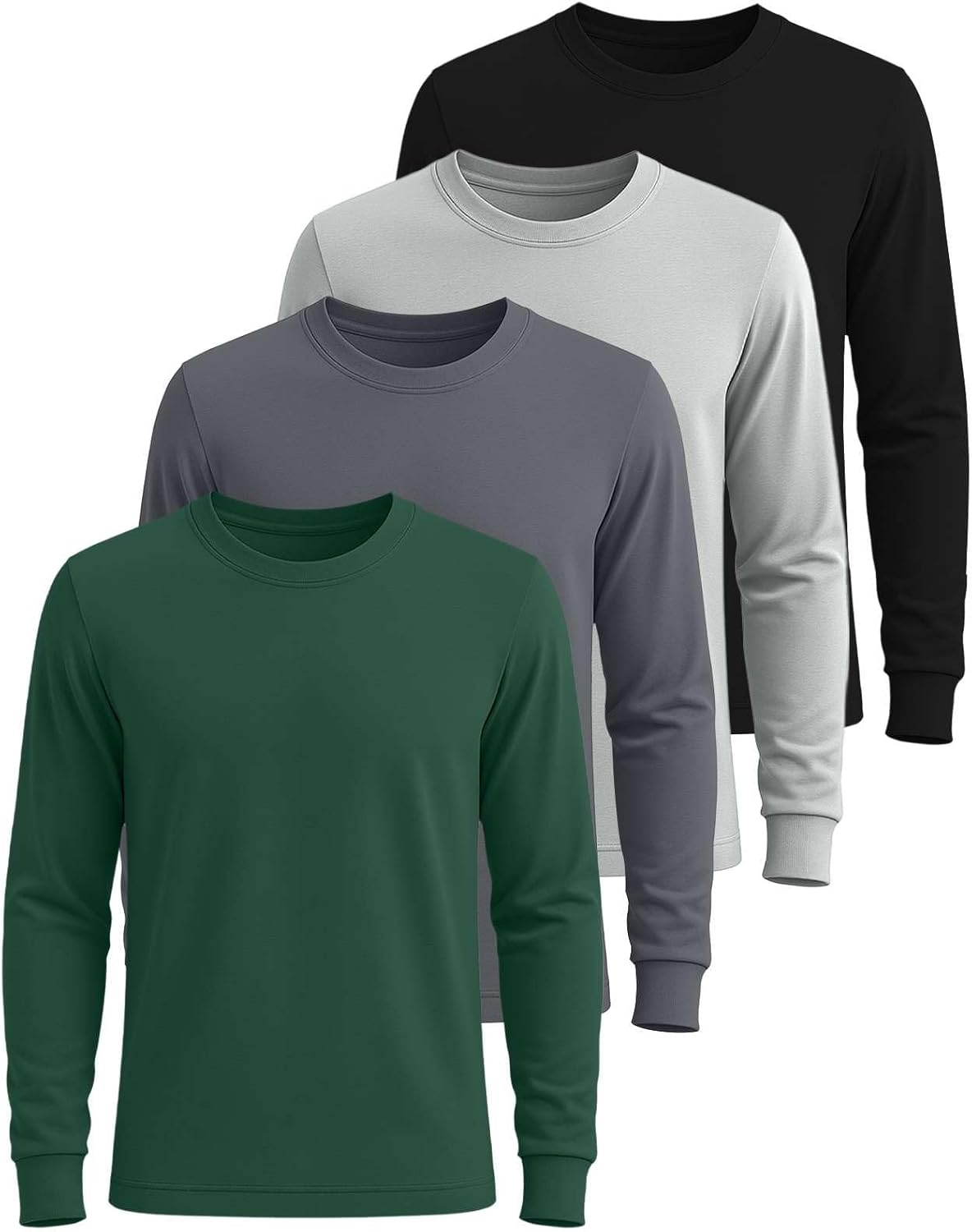 Real Essentials 4 Pack: Men's Cotton Long Sleeve Crew Neck T-Shirt - Soft Work Casual Jersey Tees
