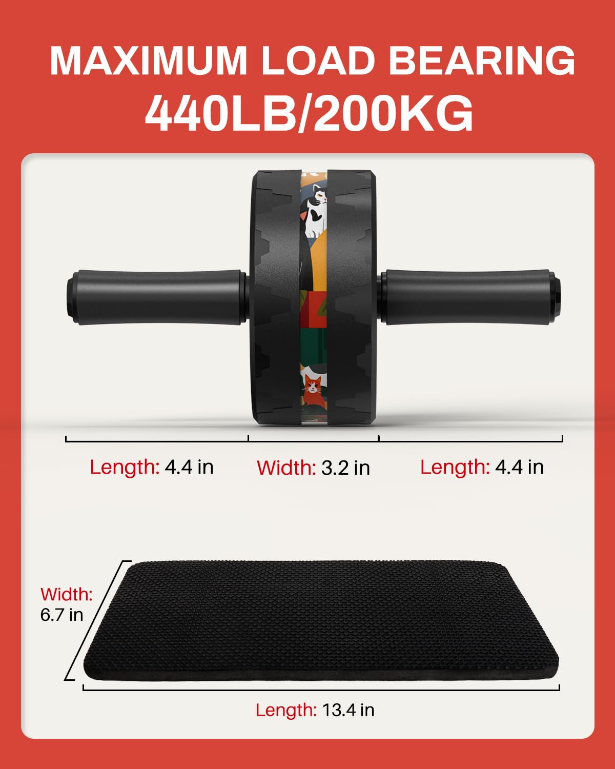 VINSGUIR Ab Roller Wheel, Abs & Core Workout Equipment for Home Gym with Knee Pad Accessories, Abdominal Wheel for Full-body Strength Training: Cat Print