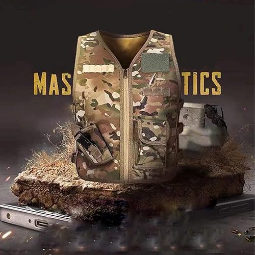 Miniatura 6 de Xximuim Chaleco táctico para niños, chaleco de nailon ajustable de 17.7in, chaleco de juego para exteriores con múltiples bolsas para jugar con CS