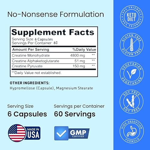 Miniatura 3 de Crazy Muscle Cápsulas de Creatina, 5g de Ganador de Masa a Granel Pre Entreno ThreeAtine Premium 3X, Alta Absorción Fácil de Tomar Monohidrato de