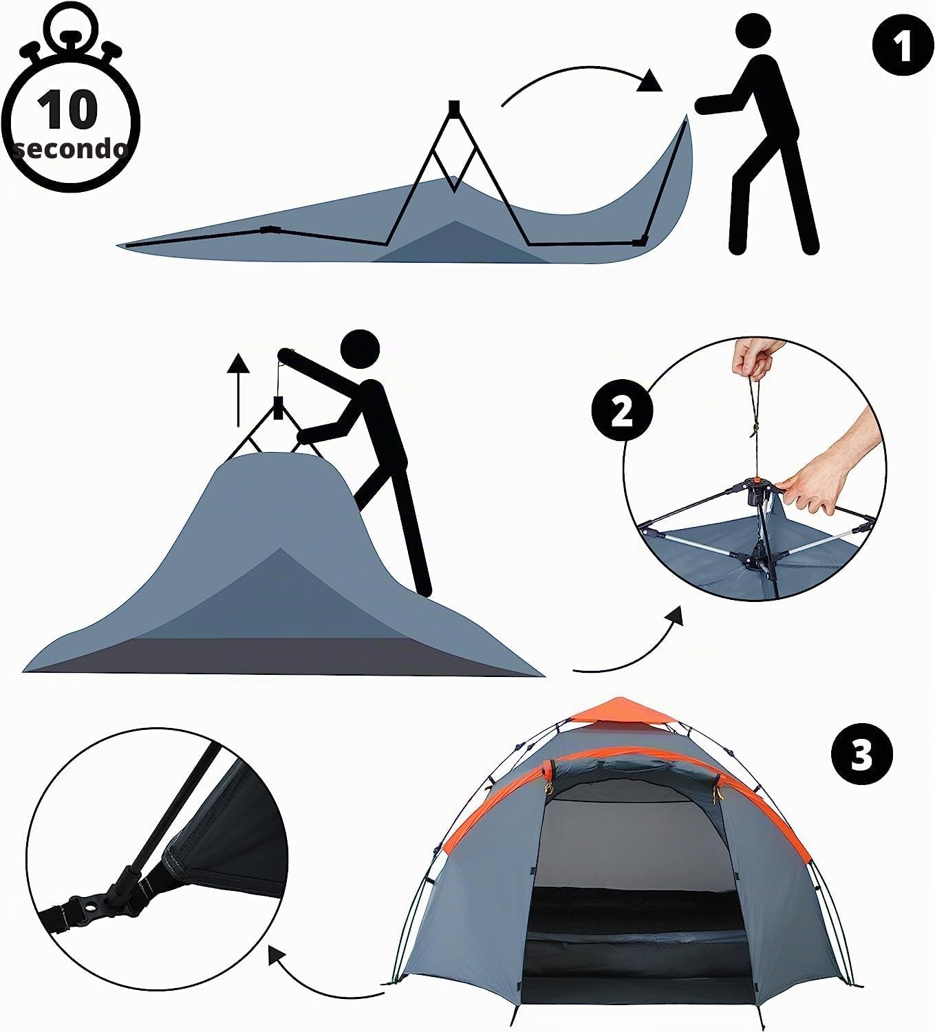 Lumaland Tenda Da Campeggio | 3-4 Person Family Tenda | Interne 210x210x120 cm | Impermeabile & antivento | Ideale come campeggio, festival e tenda da viaggio | Ultraleggero & robusto [Grigio]