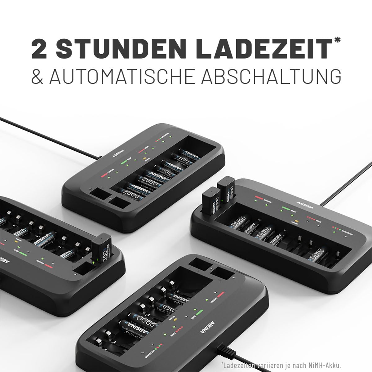 ABSINA Ładowarka do akumulatorów X10 do AA, AAA i 9 V – ładowarka do akumulatorów w zestawie 8 x baterie AAA 1150 – ładowarka NiMH 10-drożna do wielokrotnego ładowania Micro AAA, Mignon AA i 9 V
