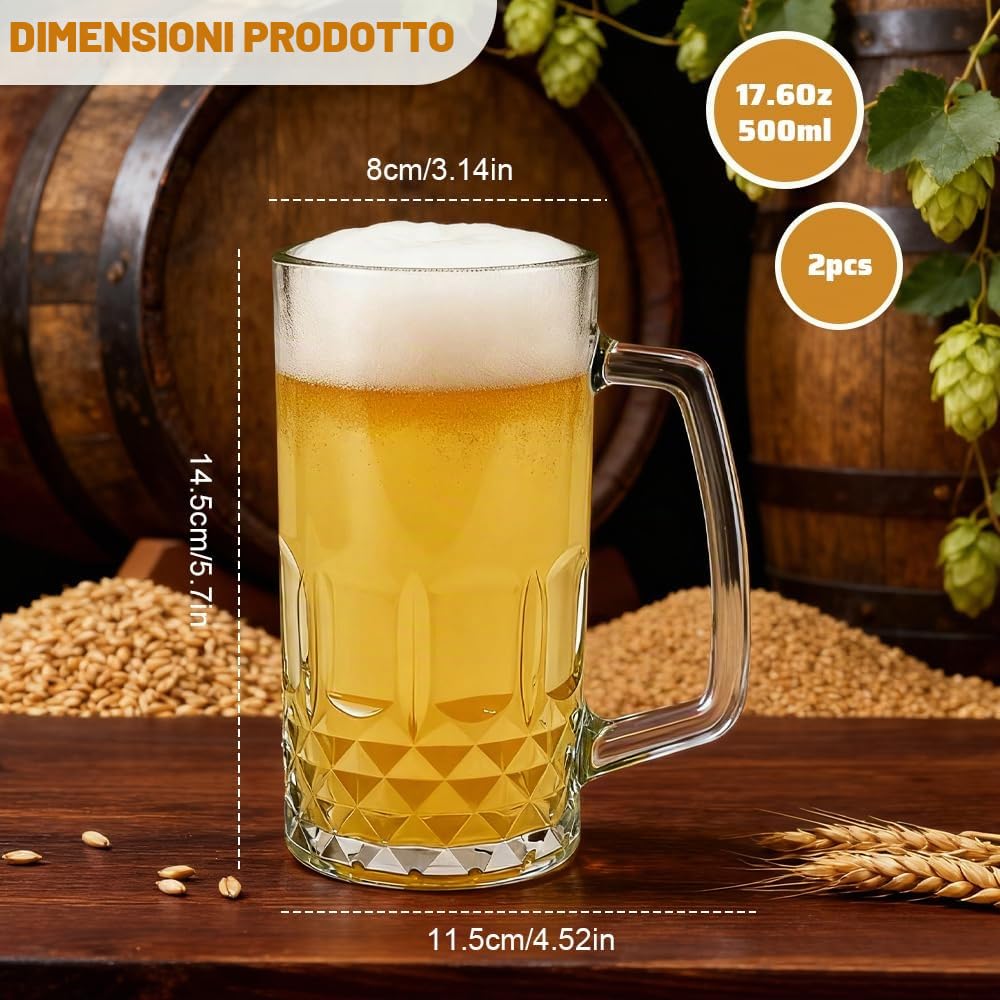 2 Pezzi Bicchieri da Birra 500ml Boccale Birra con Manico Bicchieri da Birra in Vetro Trasparente Calici da Birra Lavabile in Lavastoviglie Bicchiere da Birra di Grano per Feste Bar Ristoranti